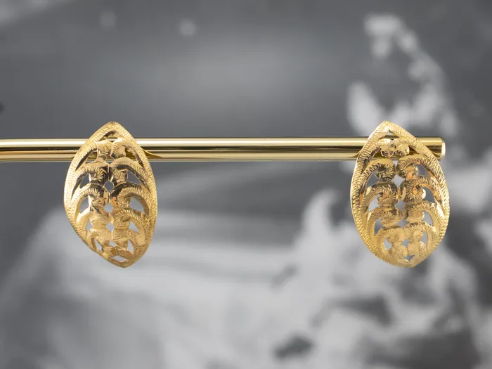 Engraved 18K Gold Leaf Shape Stud Earrings Market Square Jewelers Earrings