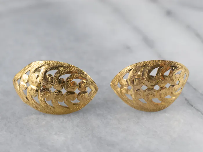 Engraved 18K Gold Leaf Shape Stud Earrings Market Square Jewelers Earrings Engraved 18K Gold Leaf Shape Stud Earrings Market Square Jewelers Earrings