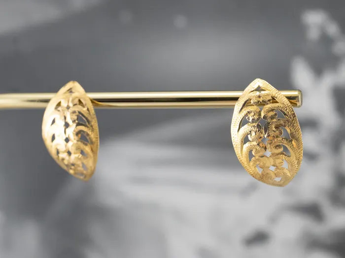 Engraved 18K Gold Leaf Shape Stud Earrings Market Square Jewelers Earrings Engraved 18K Gold Leaf Shape Stud Earrings Market Square Jewelers Earrings