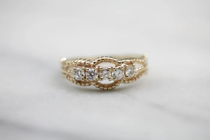 Five Diamond Gold Ring with Twist Details Market Square Jewelers Rings