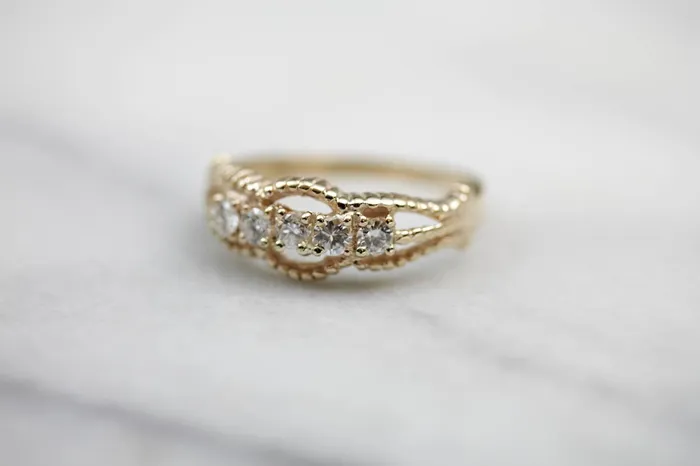 Five Diamond Gold Ring with Twist Details Market Square Jewelers Rings Five Diamond Gold Ring with Twist Details Market Square Jewelers Rings