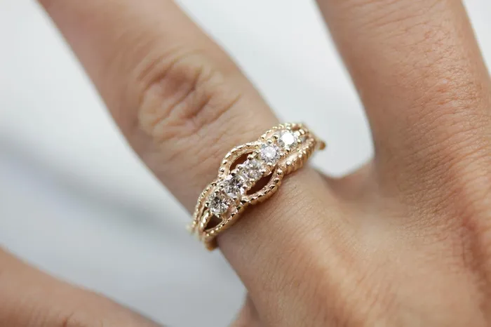Five Diamond Gold Ring with Twist Details Market Square Jewelers Rings Five Diamond Gold Ring with Twist Details Market Square Jewelers Rings