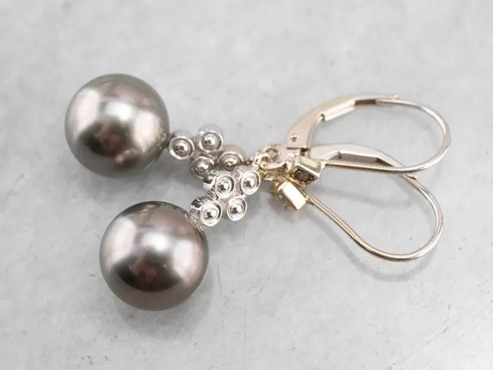Gray Pearl and Diamond Drop Earrings Market Square Jewelers Earrings