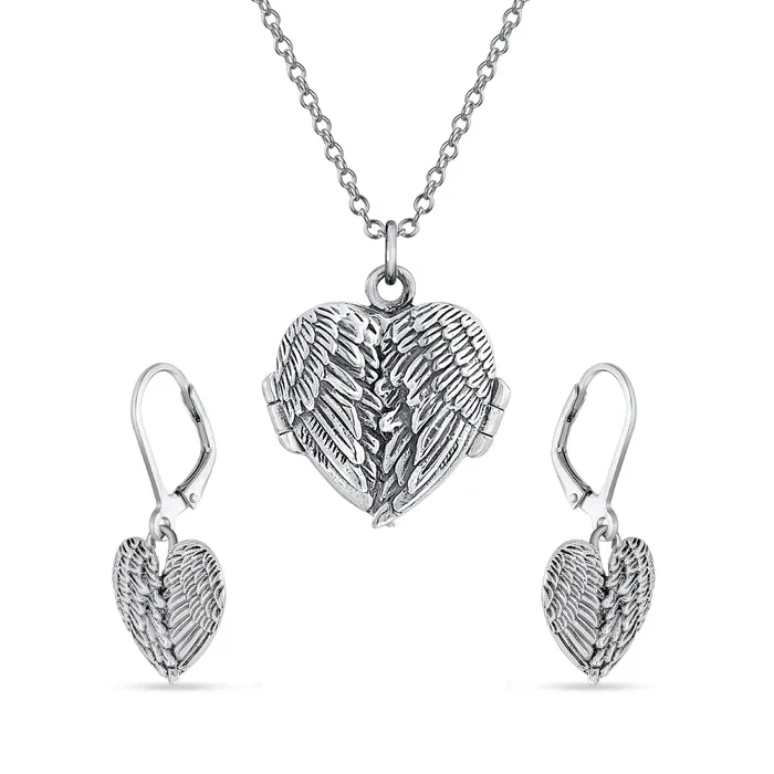 Jewelry Set Heart Amulet Angel Wings Locket Necklace Earrings in Silver BlingJewelry Wholesale Earrings Jewelry Set Heart Amulet Angel Wings Locket Necklace Earrings in Silver BlingJewelry Wholesale Earrings