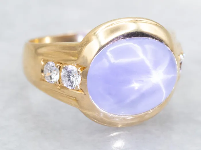 Market Square Jewelers Blue Star Sapphire and Diamond Ring in Polished Gold Rings