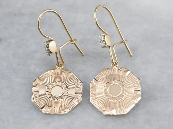Market Square Jewelers Earrings Etched Gold Diamond Drop Earrings