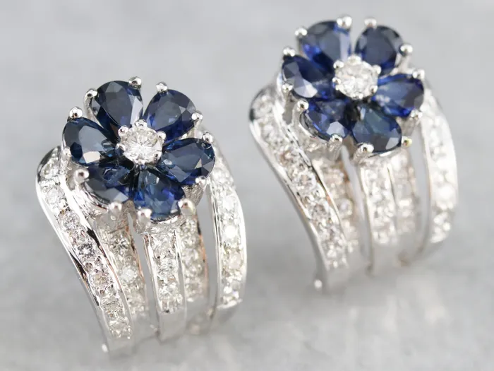 Market Square Jewelers Earrings Floral Sapphire and Diamond Earrings