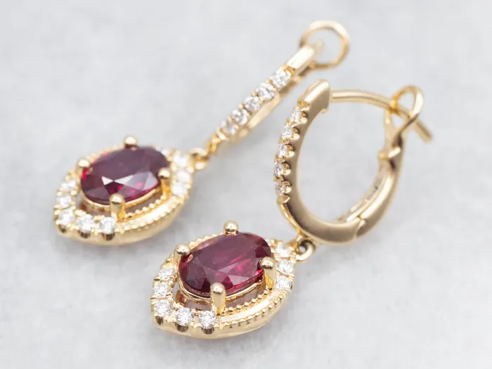 Market Square Jewelers Earrings Polished Gold Ruby and Diamond Drop Earrings