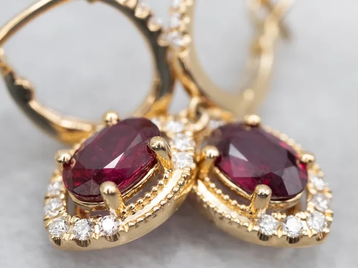 Market Square Jewelers Earrings Polished Gold Ruby and Diamond Drop Earrings
