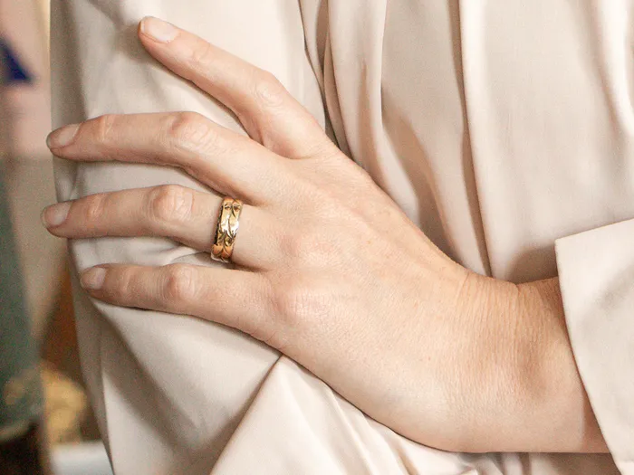 Market Square Jewelers Flat Gold Botanical Pattern Band Rings