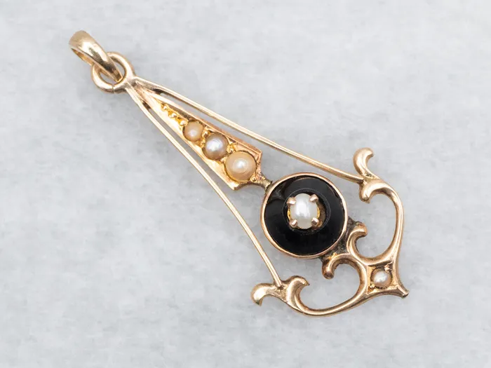 Market Square Jewelers Necklaces Antique Seed Pearl and Black Enamel Lavalier Pendant Market Square Jewelers Necklaces Antique Seed Pearl and Black Enamel Lavalier Pendant