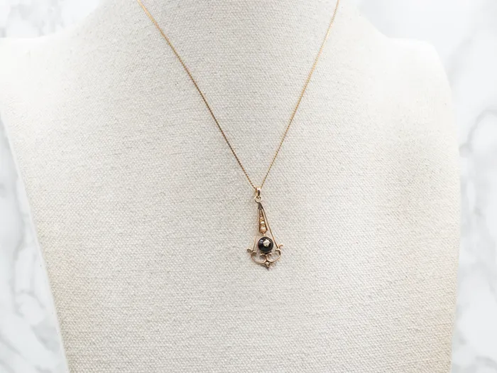 Market Square Jewelers Necklaces Antique Seed Pearl and Black Enamel Lavalier Pendant