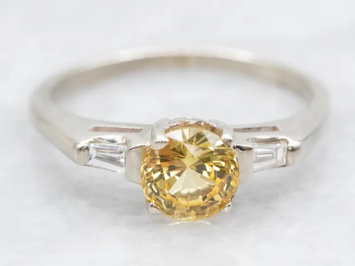 Market Square Jewelers Rings 1950s Retro Yellow Sapphire and Baguette Diamond Engagement Ring Market Square Jewelers Rings 1950s Retro Yellow Sapphire and Baguette Diamond Engagement Ring