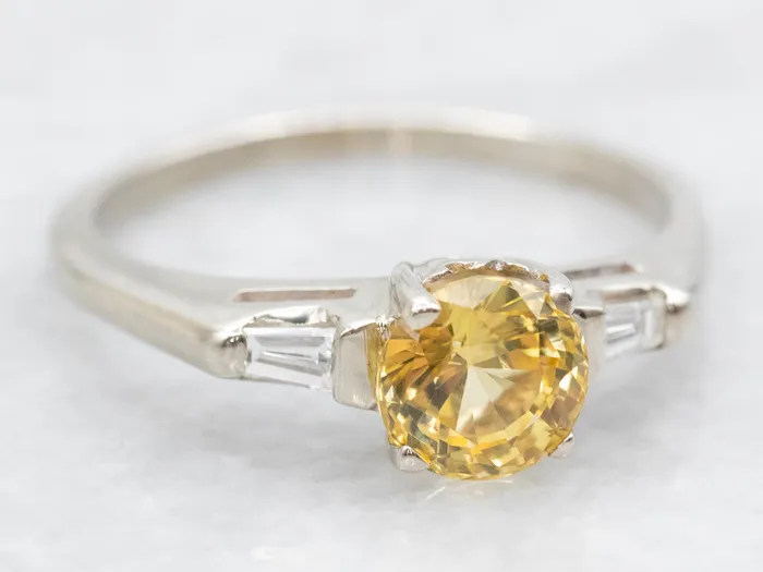Market Square Jewelers Rings 1950s Retro Yellow Sapphire and Baguette Diamond Engagement Ring