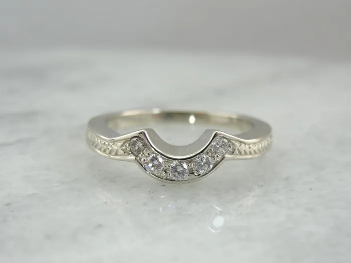 Market Square Jewelers Rings Diamond Guard Band with Etched Details Curved Wedding Band in White Gold Market Square Jewelers Rings Diamond Guard Band with Etched Details Curved Wedding Band in White Gold