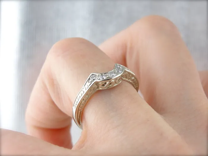 Market Square Jewelers Rings Diamond Guard Band with Etched Details Curved Wedding Band in White Gold Market Square Jewelers Rings Diamond Guard Band with Etched Details Curved Wedding Band in White Gold