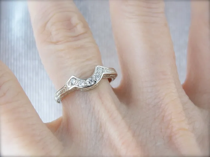 Market Square Jewelers Rings Diamond Guard Band with Etched Details Curved Wedding Band in White Gold Market Square Jewelers Rings Diamond Guard Band with Etched Details Curved Wedding Band in White Gold