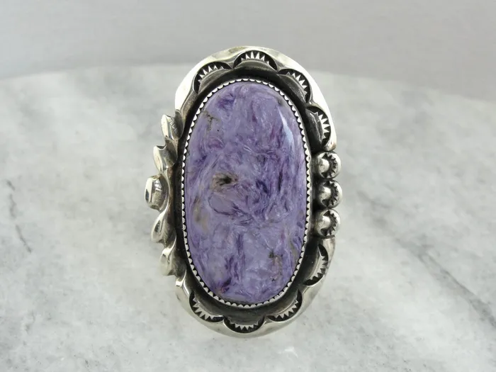 Market Square Jewelers Rings Oversized Charoite Gemstone Statement Ring Sterling Silver Mounting from the American West Market Square Jewelers Rings Oversized Charoite Gemstone Statement Ring Sterling Silver Mounting from the American West