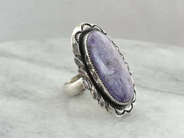 Market Square Jewelers Rings Oversized Charoite Gemstone Statement Ring Sterling Silver Mounting from the American West Market Square Jewelers Rings Oversized Charoite Gemstone Statement Ring Sterling Silver Mounting from the American West