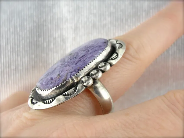 Market Square Jewelers Rings Oversized Charoite Gemstone Statement Ring Sterling Silver Mounting from the American West Market Square Jewelers Rings Oversized Charoite Gemstone Statement Ring Sterling Silver Mounting from the American West