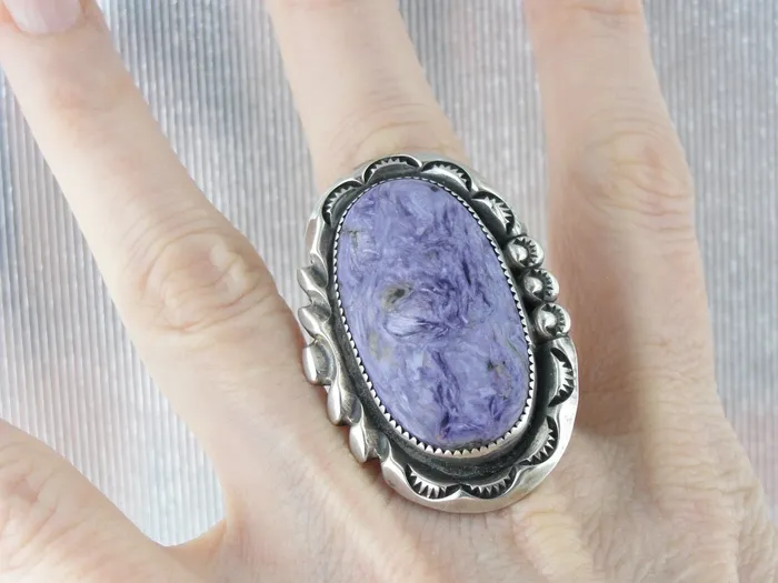 Market Square Jewelers Rings Oversized Charoite Gemstone Statement Ring Sterling Silver Mounting from the American West Market Square Jewelers Rings Oversized Charoite Gemstone Statement Ring Sterling Silver Mounting from the American West