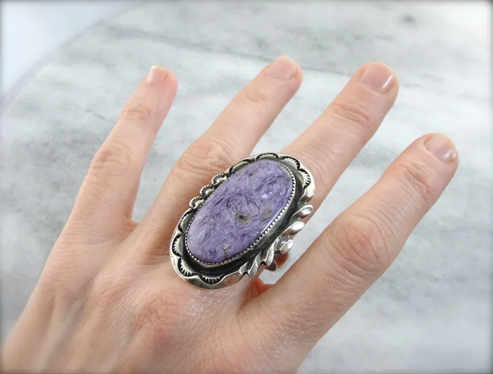 Market Square Jewelers Rings Oversized Charoite Gemstone Statement Ring Sterling Silver Mounting from the American West Market Square Jewelers Rings Oversized Charoite Gemstone Statement Ring Sterling Silver Mounting from the American West