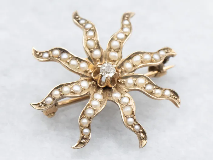 Market Square Jewelers Rings Victorian Old Mine Cut Diamond and Seed Pearl Starburst Brooch Market Square Jewelers Rings Victorian Old Mine Cut Diamond and Seed Pearl Starburst Brooch