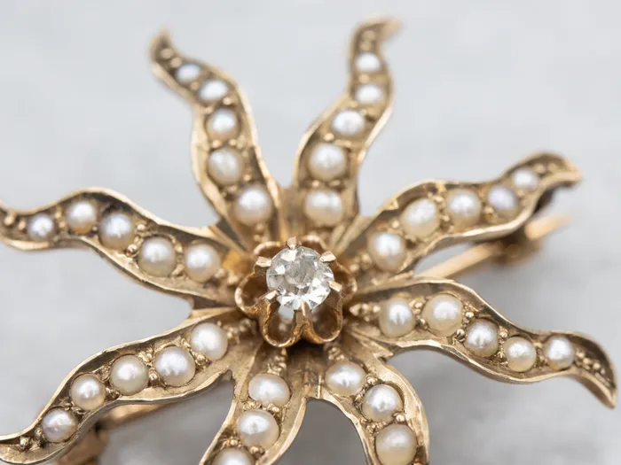 Market Square Jewelers Rings Victorian Old Mine Cut Diamond and Seed Pearl Starburst Brooch
