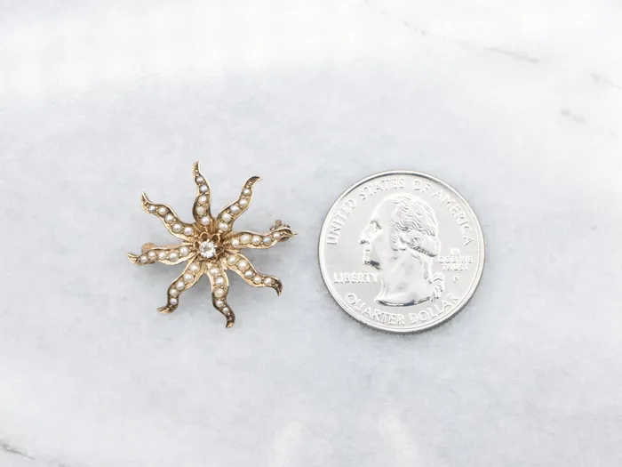 Market Square Jewelers Rings Victorian Old Mine Cut Diamond and Seed Pearl Starburst Brooch