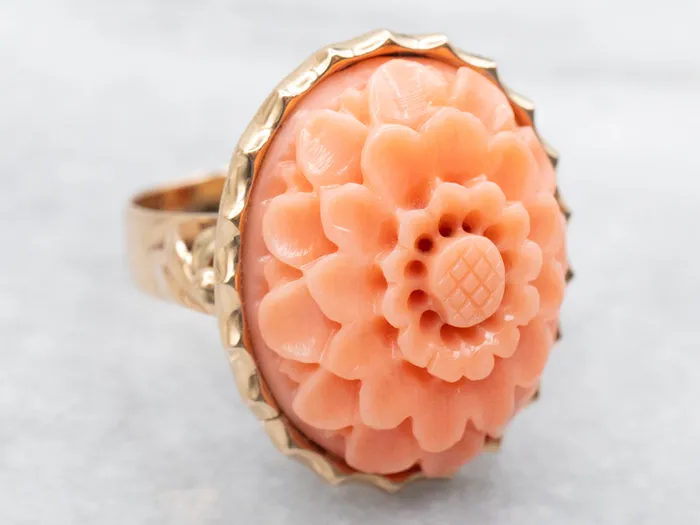Market Square Jewelers Rings Vintage Gold Carved Coral Flower Cocktail Ring