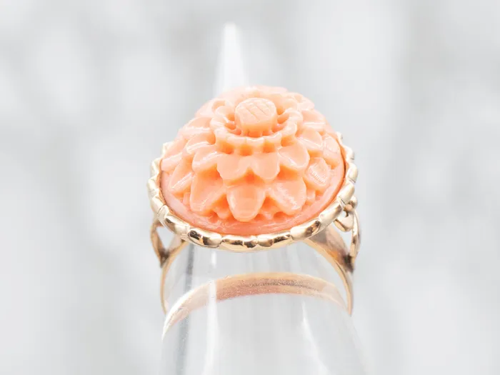 Market Square Jewelers Rings Vintage Gold Carved Coral Flower Cocktail Ring