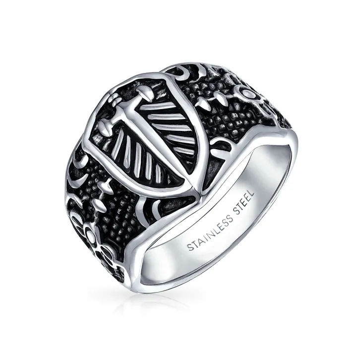 Mens Stainless Steel Viking Shield Cross Signet Ring Oxidized Silver Tone BlingJewelry Wholesale Rings Mens Stainless Steel Viking Shield Cross Signet Ring Oxidized Silver Tone BlingJewelry Wholesale Rings