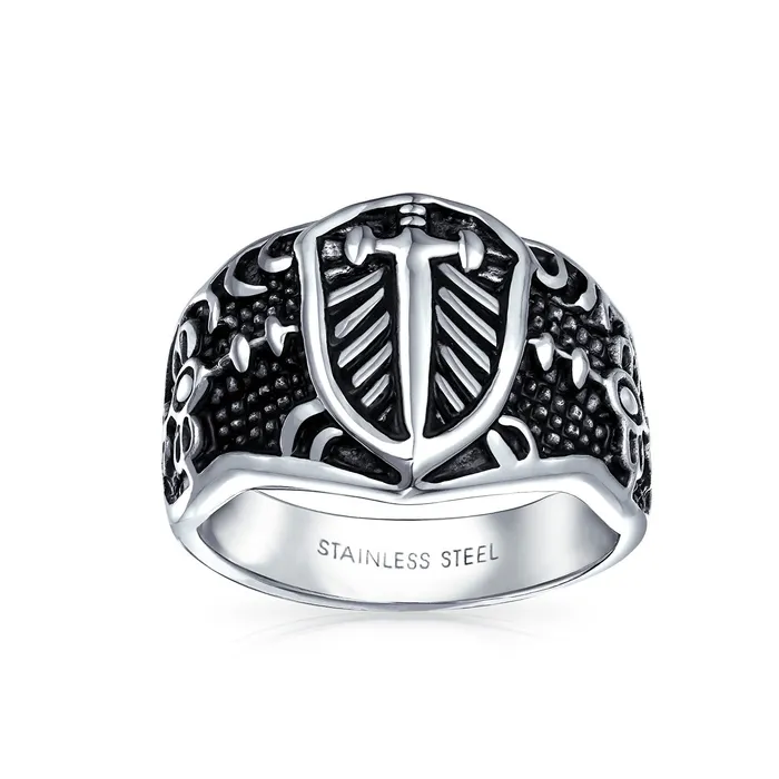 Mens Stainless Steel Viking Shield Cross Signet Ring Oxidized Silver Tone BlingJewelry Wholesale Rings Mens Stainless Steel Viking Shield Cross Signet Ring Oxidized Silver Tone BlingJewelry Wholesale Rings