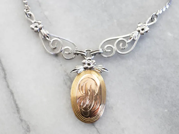 MSJ Online Mixed Metal Floral JB Signet Necklace Necklaces MSJ Online Mixed Metal Floral JB Signet Necklace Necklaces