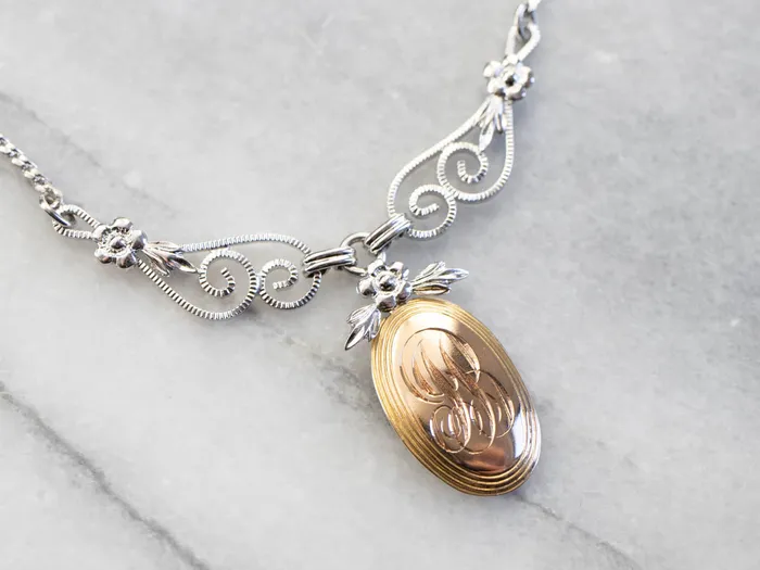 MSJ Online Mixed Metal Floral JB Signet Necklace Necklaces MSJ Online Mixed Metal Floral JB Signet Necklace Necklaces