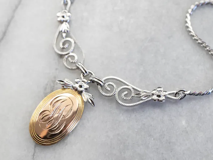 MSJ Online Mixed Metal Floral JB Signet Necklace Necklaces MSJ Online Mixed Metal Floral JB Signet Necklace Necklaces