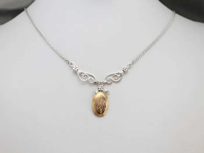 MSJ Online Mixed Metal Floral JB Signet Necklace Necklaces MSJ Online Mixed Metal Floral JB Signet Necklace Necklaces