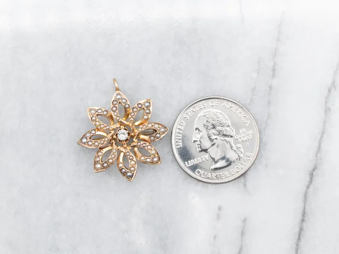 Necklaces Market Square Jewelers Antique Old Mine Cut Diamond and Seed Pearl Flower Pin or Pendant