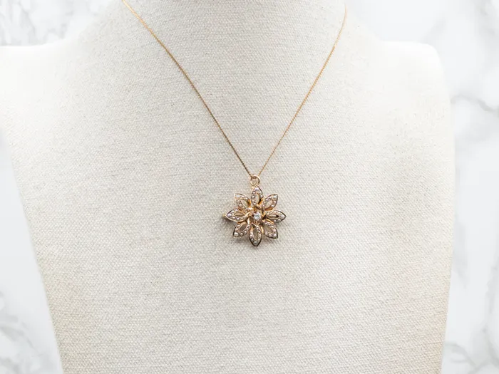 Necklaces Market Square Jewelers Antique Old Mine Cut Diamond and Seed Pearl Flower Pin or Pendant