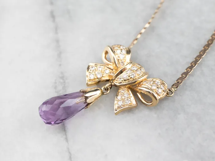 Necklaces Market Square Jewelers Gold Bow Amethyst and Diamond Necklace
