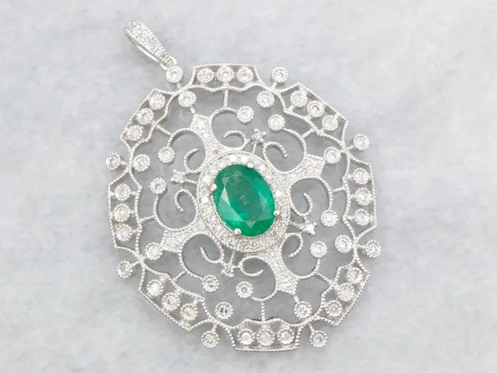 Necklaces Market Square Jewelers White Gold Emerald and Diamond Filigree Pendant Necklaces Market Square Jewelers White Gold Emerald and Diamond Filigree Pendant