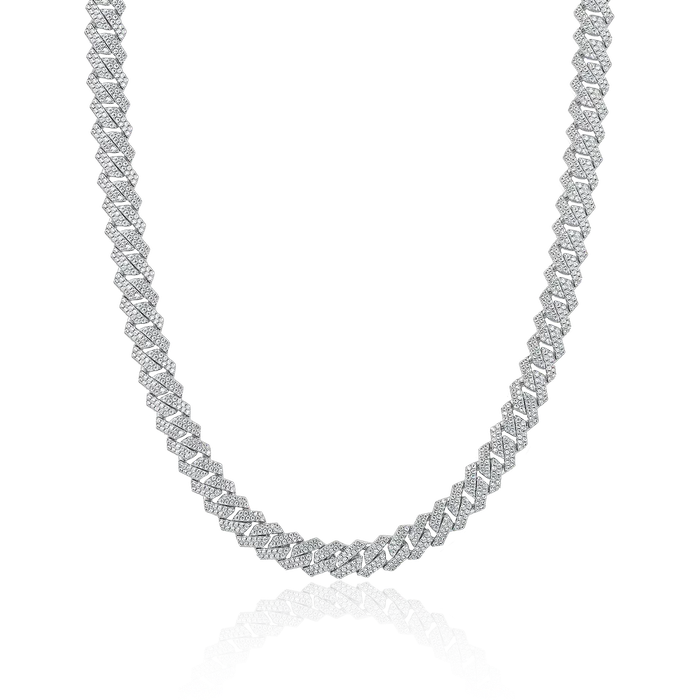 old Rings Round Cut Prong Cuban Link Chain in White Gold 8mm