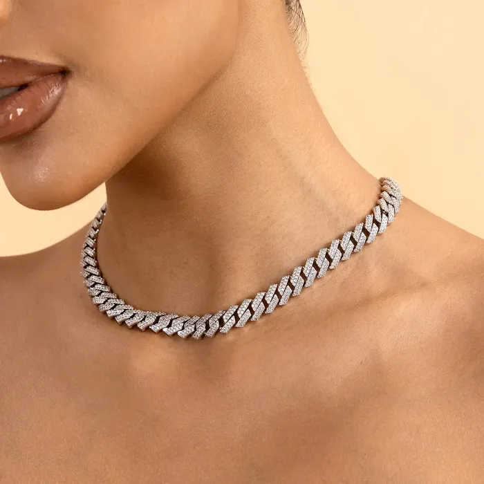 old Rings Round Cut Prong Cuban Link Chain in White Gold 8mm
