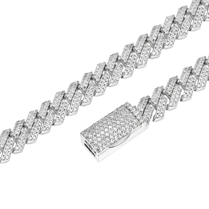 old Rings Round Cut Prong Cuban Link Chain in White Gold 8mm