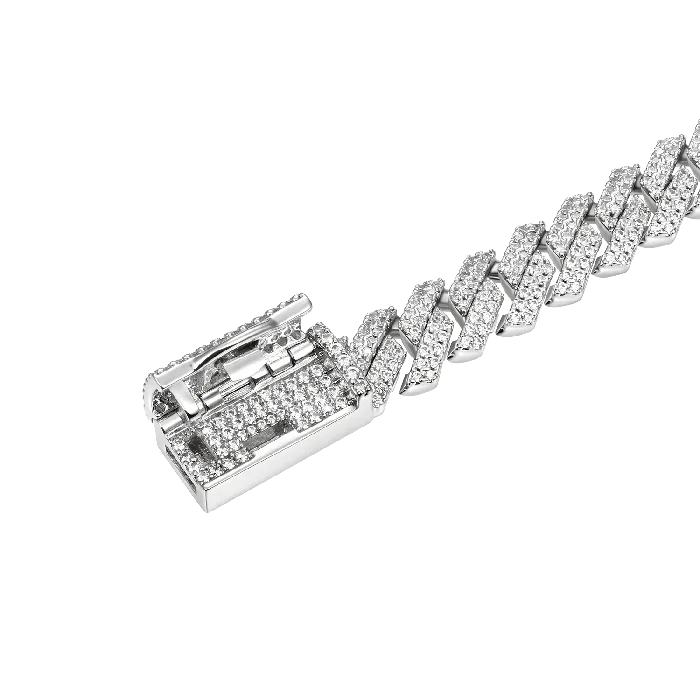 old Rings Round Cut Prong Cuban Link Chain in White Gold 8mm