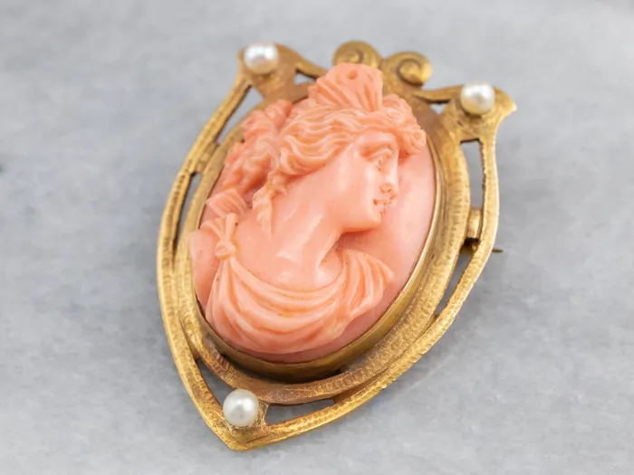 PreStyled Sets Art Nouveau Coral Cameo Gold Brooch Pendant Market Square Jewelers PreStyled Sets Art Nouveau Coral Cameo Gold Brooch Pendant Market Square Jewelers