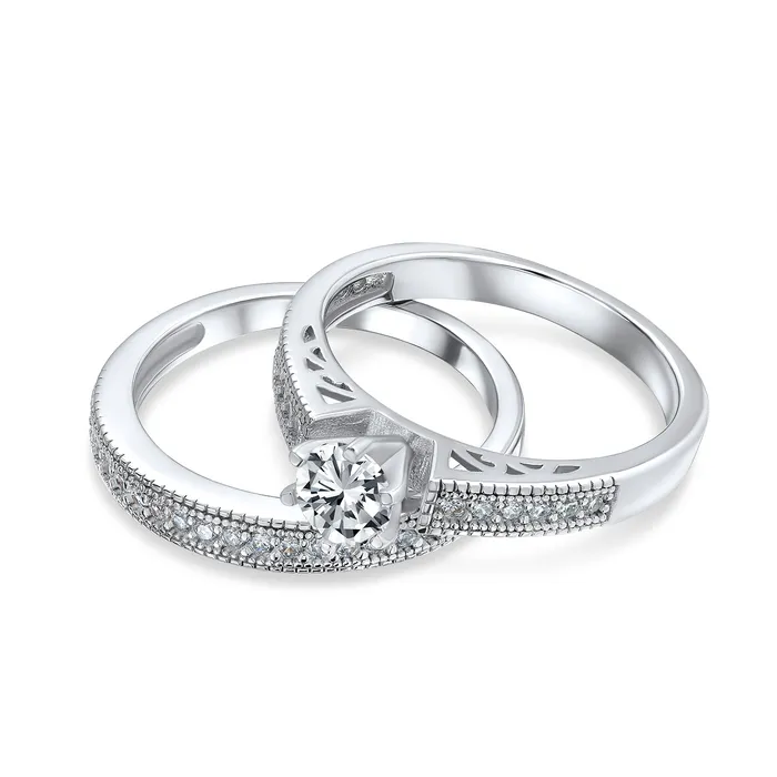 Rings BlingJewelry Wholesale Vintage Style Cocktail Statement Ring 15CT Round Solitaire CZ Pave Band Set