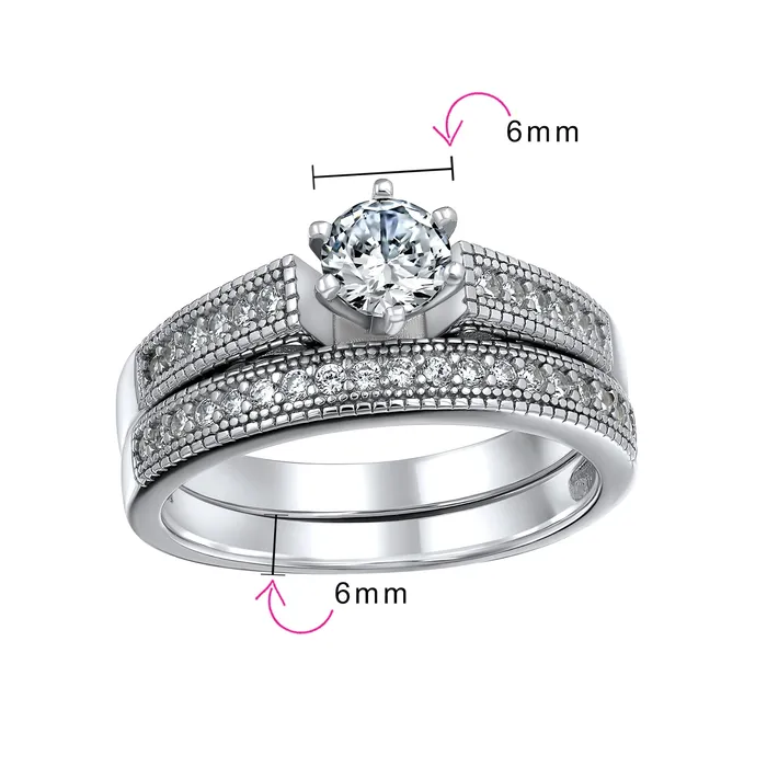 Rings BlingJewelry Wholesale Vintage Style Cocktail Statement Ring 15CT Round Solitaire CZ Pave Band Set