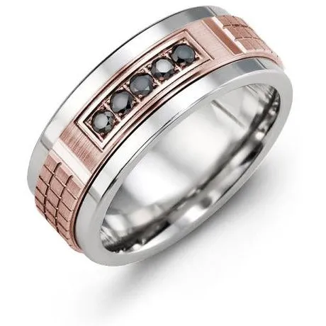 Rings Madani 9mm Tungsten 14K Pink Gold Ring 5 Black Diamonds tcw 015