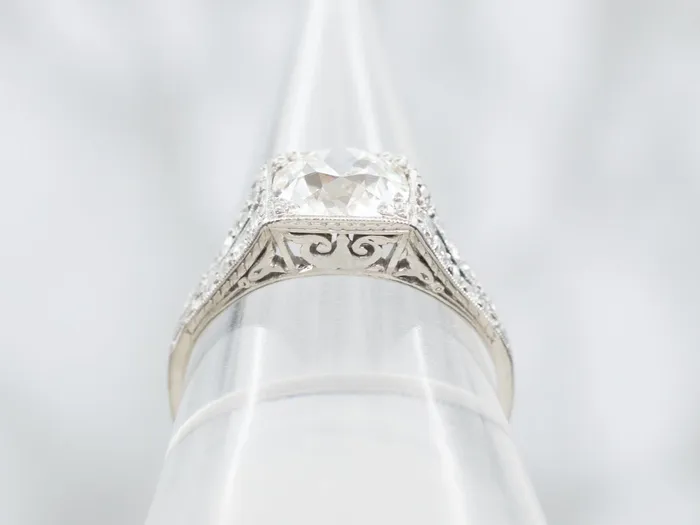 Rings Market Square Jewelers Platinum Art Deco GIA Certified Old Mine Cut Diamond Engagement Ring